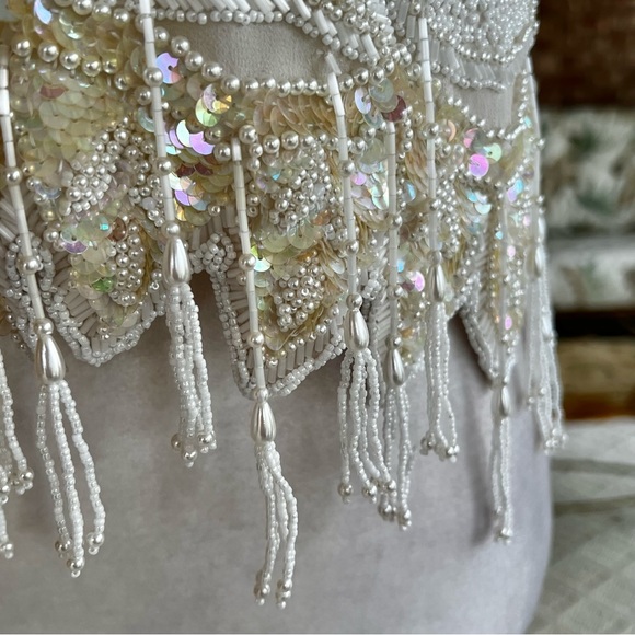 Nite Line Vintage Cream Pearl Sequin Beaded Fringe Top S - Picture 10 of 12